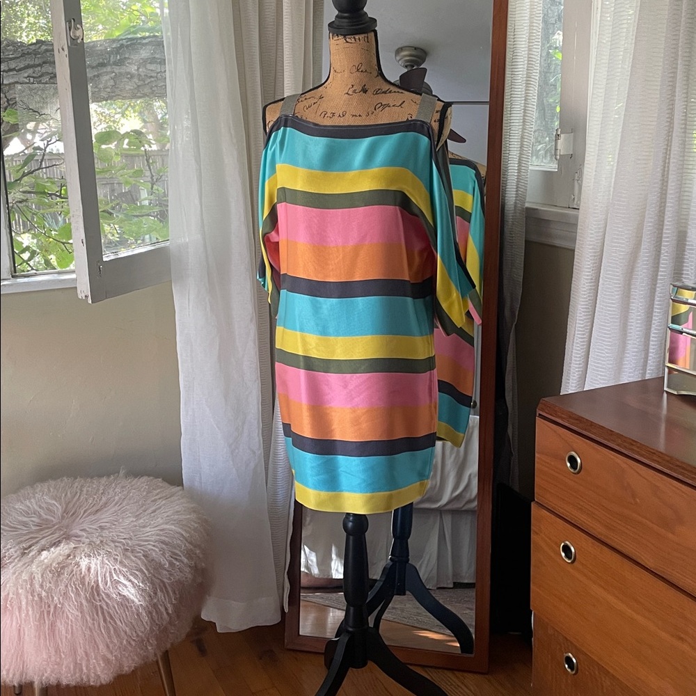 Trina Turk Multicolor Striped cool shoulder dress.